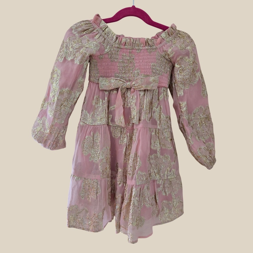 A Loves Girl Pink Gold Metallic Floral Smocked Tiered Dress 3T Special Occasion